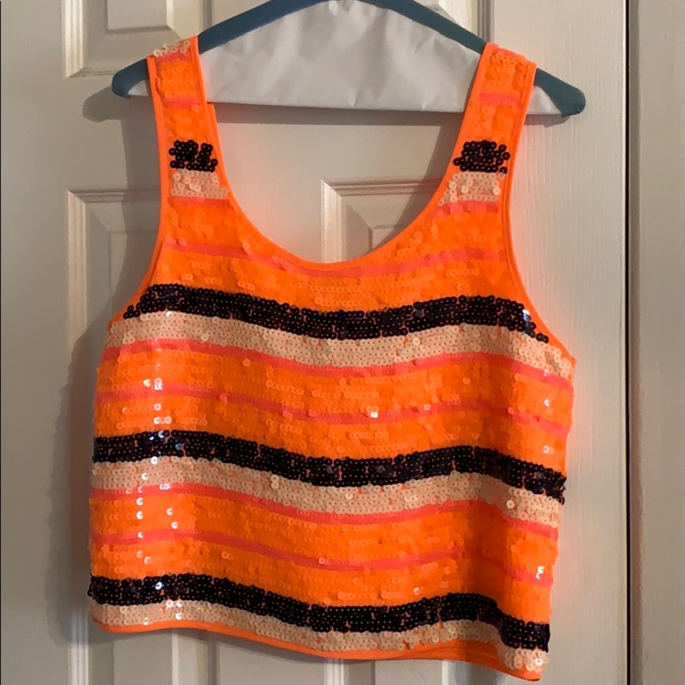 Neon orange multi color sequin top